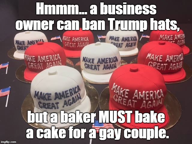 Make Cakes Great Again. | Hmmm… a business owner can ban Trump hats, but a baker MUST bake a cake for a gay couple. | image tagged in double standards,double standard,maga,blank red maga hat,trump | made w/ Imgflip meme maker