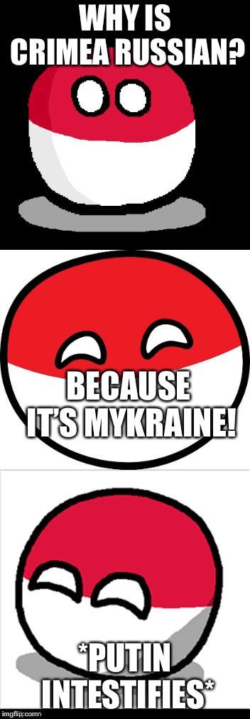 Bad Pun Polandball |  WHY IS CRIMEA RUSSIAN? BECAUSE IT’S MYKRAINE! *PUTIN INTESTIFIES* | image tagged in bad pun polandball,memes,crimea,russia,ukraine | made w/ Imgflip meme maker