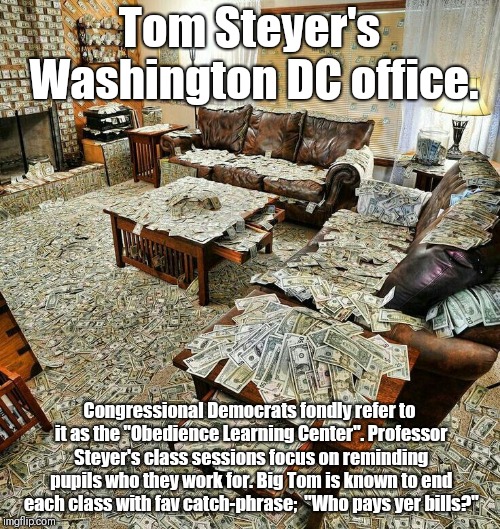 money house | Tom Steyer's Washington DC office. Congressional Democrats fondly refer to it as the "Obedience Learning Center". Professor Steyer's class sessions focus on reminding pupils who they work for. Big Tom is known to end each class with fav catch-phrase;  "Who pays yer bills?" | image tagged in money house | made w/ Imgflip meme maker