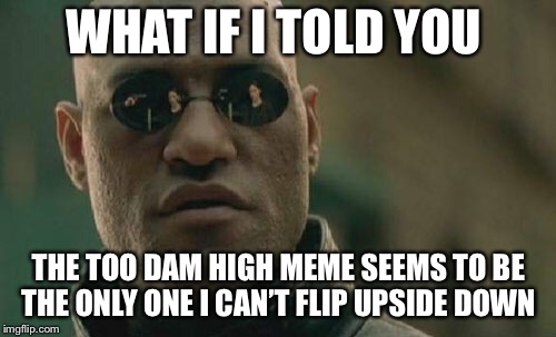 Matrix Morpheus Meme | WHAT IF I TOLD YOU THE TOO DAM HIGH MEME SEEMS TO BE THE ONLY ONE I CAN’T FLIP UPSIDE DOWN | image tagged in memes,matrix morpheus | made w/ Imgflip meme maker