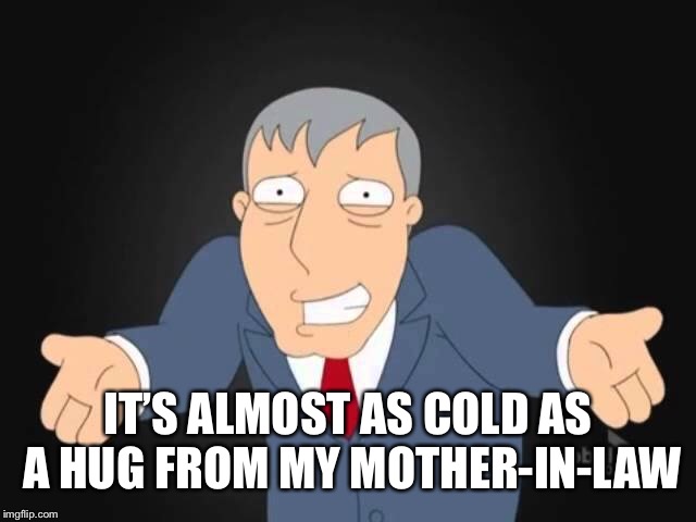 Now that’s cold  | IT’S ALMOST AS COLD AS A HUG FROM MY MOTHER-IN-LAW | image tagged in memes,cold weather | made w/ Imgflip meme maker