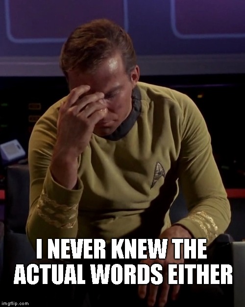Kirk face palm | I NEVER KNEW THE ACTUAL WORDS EITHER | image tagged in kirk face palm | made w/ Imgflip meme maker