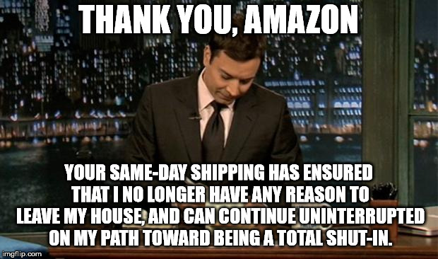 Thank you Notes Jimmy Fallon | THANK YOU, AMAZON; YOUR SAME-DAY SHIPPING HAS ENSURED THAT I NO LONGER HAVE ANY REASON TO LEAVE MY HOUSE, AND CAN CONTINUE UNINTERRUPTED ON MY PATH TOWARD BEING A TOTAL SHUT-IN. | image tagged in thank you notes jimmy fallon | made w/ Imgflip meme maker