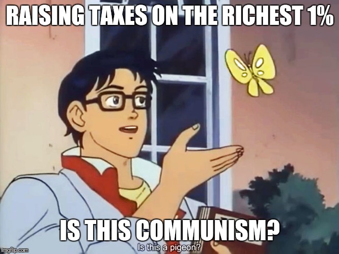 ANIME BUTTERFLY MEME | RAISING TAXES ON THE RICHEST 1%; IS THIS COMMUNISM? | image tagged in anime butterfly meme | made w/ Imgflip meme maker