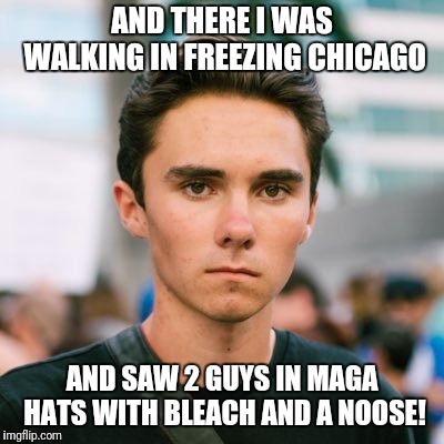 David Hogg | AND THERE I WAS WALKING IN FREEZING CHICAGO; AND SAW 2 GUYS IN MAGA HATS WITH BLEACH AND A NOOSE! | image tagged in david hogg | made w/ Imgflip meme maker