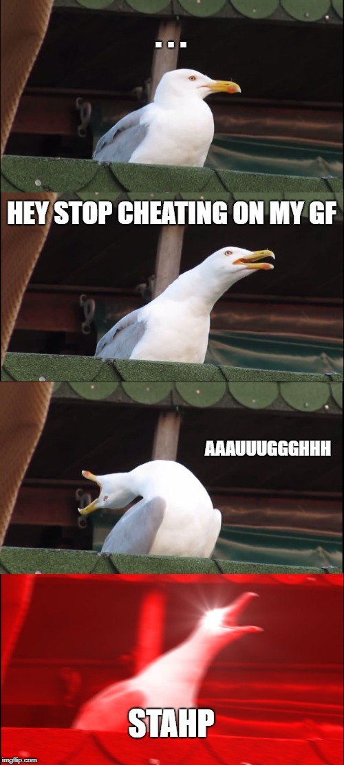 Inhaling Seagull | . . . HEY STOP CHEATING ON MY GF; AAAUUUGGGHHH; STAHP | image tagged in memes,inhaling seagull | made w/ Imgflip meme maker