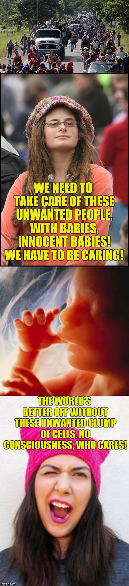 THE WORLD'S BETTER OFF WITHOUT THESE UNWANTED CLUMP OF CELLS. NO CONSCIOUSNESS, WHO CARES! WE NEED TO TAKE CARE OF THESE UNWANTED PEOPLE, WI | image tagged in memes,college liberal,fetus,pink pussy hat,illegal caravan | made w/ Imgflip meme maker