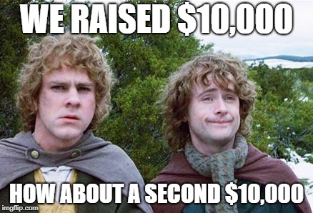 Second Breakfast | WE RAISED $10,000; HOW ABOUT A SECOND $10,000 | image tagged in second breakfast,TotalSoccerShow | made w/ Imgflip meme maker