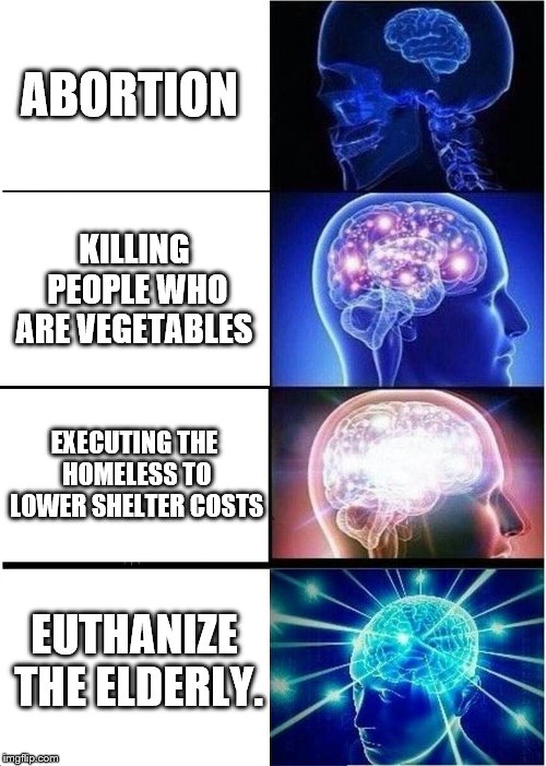 slippery slope |  ABORTION; KILLING PEOPLE WHO ARE VEGETABLES; EXECUTING THE HOMELESS TO LOWER SHELTER COSTS; EUTHANIZE THE ELDERLY. | image tagged in memes,expanding brain | made w/ Imgflip meme maker