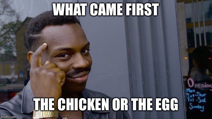Roll Safe Think About It Meme | WHAT CAME FIRST THE CHICKEN OR THE EGG | image tagged in memes,roll safe think about it | made w/ Imgflip meme maker