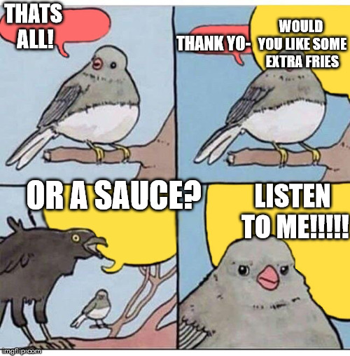 annoyed bird | WOULD YOU LIKE SOME EXTRA FRIES; THATS ALL! THANK YO-; OR A SAUCE? LISTEN TO ME!!!!! | image tagged in annoyed bird | made w/ Imgflip meme maker