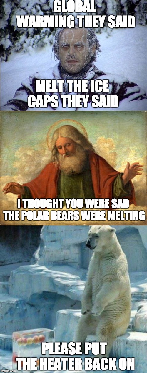 -50 in some states | GLOBAL WARMING THEY SAID; MELT THE ICE CAPS THEY SAID; I THOUGHT YOU WERE SAD THE POLAR BEARS WERE MELTING; PLEASE PUT THE HEATER BACK ON | image tagged in global warming,god,freezing cold,polar bear | made w/ Imgflip meme maker