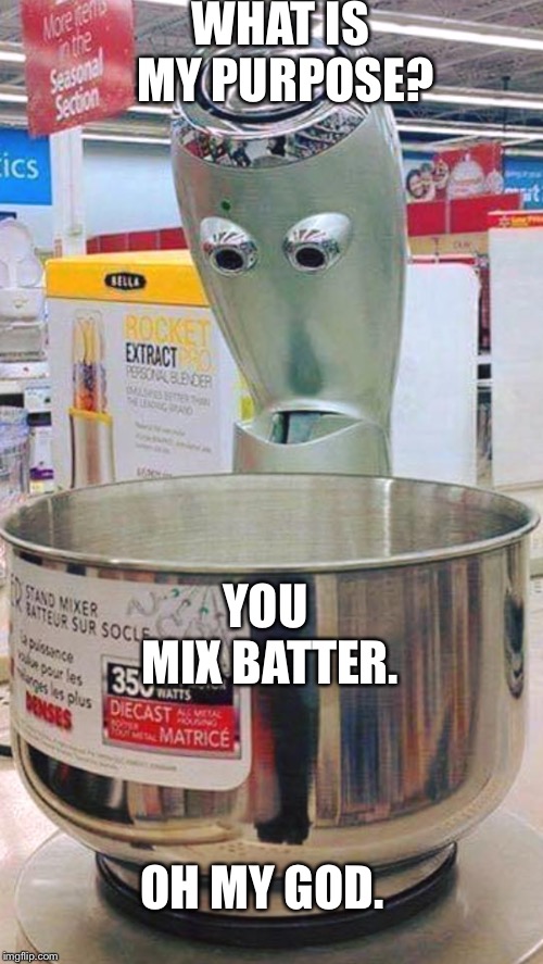 You mix batter | WHAT IS MY PURPOSE? YOU MIX BATTER. OH MY GOD. | image tagged in rick and morty,what is my purpose,downcast mixer,sad blender,oh my god | made w/ Imgflip meme maker