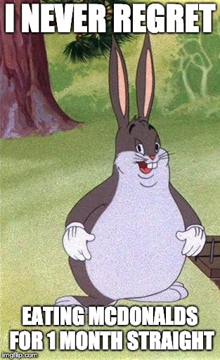 Big Chungus | I NEVER REGRET; EATING MCDONALDS FOR 1 MONTH STRAIGHT | image tagged in big chungus | made w/ Imgflip meme maker