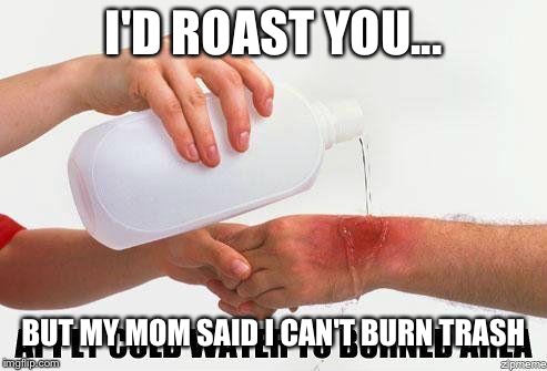 Apply Cold Water To Burned Area | I'D ROAST YOU... BUT MY MOM SAID I CAN'T BURN TRASH | image tagged in apply cold water to burned area | made w/ Imgflip meme maker