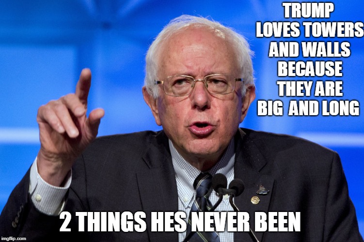 on trump | TRUMP LOVES TOWERS AND WALLS BECAUSE THEY ARE BIG  AND LONG; 2 THINGS HES NEVER BEEN | image tagged in bernie sanders | made w/ Imgflip meme maker