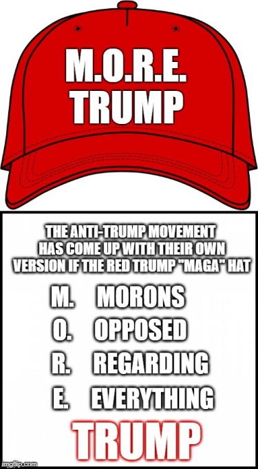 The Anti-Trump Liberals have come up with their own version of the famous red MAGA hat... the M.O.R.E. TRUMP hat! | image tagged in memes,anti-trump,liberals vs conservatives,donald trump approves,maga,this is what libertarians believe | made w/ Imgflip meme maker