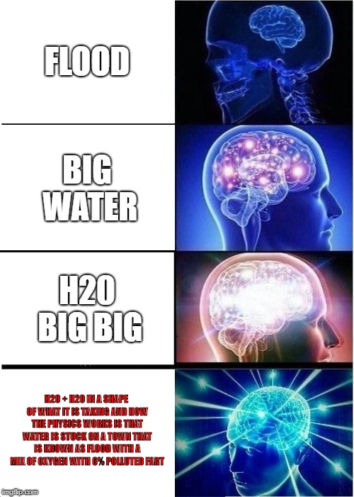 Expanding Brain | FLOOD; BIG WATER; H20 BIG BIG; H20 + H20 IN A SHAPE OF WHAT IT IS TAKING AND HOW THE PHYSICS WORKS IS THAT WATER IS STUCK ON A TOWN THAT IS KNOWN AS FLOOD WITH A MIX OF OXYGEN WITH 6% POLLUTED FART | image tagged in memes,expanding brain | made w/ Imgflip meme maker