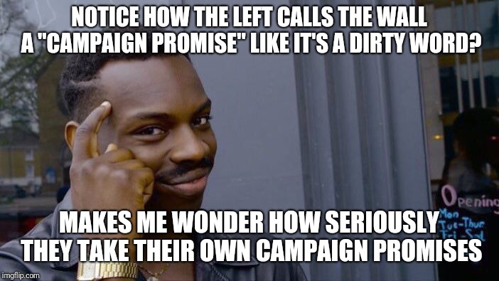 Roll Safe Think About It | NOTICE HOW THE LEFT CALLS THE WALL A "CAMPAIGN PROMISE" LIKE IT'S A DIRTY WORD? MAKES ME WONDER HOW SERIOUSLY THEY TAKE THEIR OWN CAMPAIGN PROMISES | image tagged in memes,roll safe think about it | made w/ Imgflip meme maker