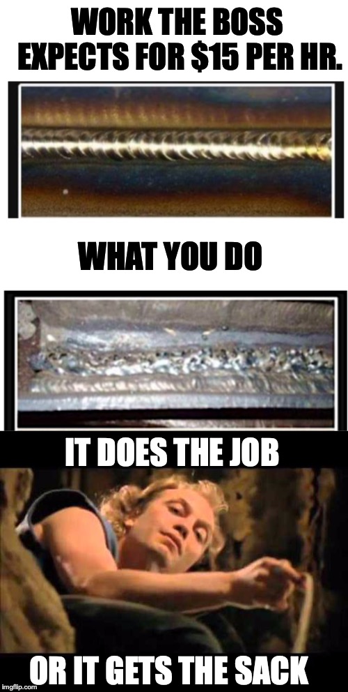 Minimum Wage Welder | WORK THE BOSS EXPECTS FOR $15 PER HR. WHAT YOU DO; IT DOES THE JOB; OR IT GETS THE SACK | image tagged in minimum wage,welder,buffalo bill,bad boss | made w/ Imgflip meme maker