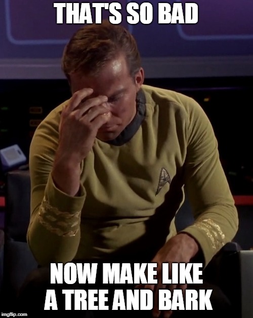 Kirk face palm | THAT'S SO BAD NOW MAKE LIKE A TREE AND BARK | image tagged in kirk face palm | made w/ Imgflip meme maker