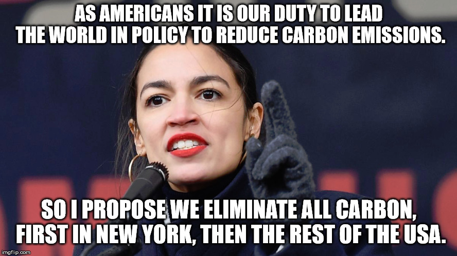 AOC Climate Change | AS AMERICANS IT IS OUR DUTY TO LEAD THE WORLD IN POLICY TO REDUCE CARBON EMISSIONS. SO I PROPOSE WE ELIMINATE ALL CARBON, FIRST IN NEW YORK, THEN THE REST OF THE USA. | image tagged in america,occupy democrats,alexandria ocasio-cortez,politics,stable genius | made w/ Imgflip meme maker
