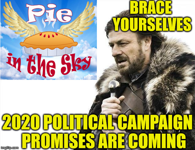 Brace Yourselves X is Coming | BRACE YOURSELVES; 2020 POLITICAL CAMPAIGN    PROMISES ARE COMING | image tagged in memes,brace yourselves x is coming,politics,pie,2020 elections | made w/ Imgflip meme maker