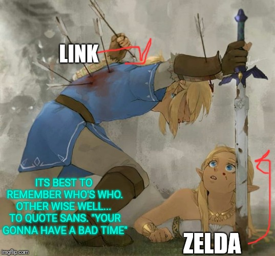 Link and zelda | LINK ZELDA ITS BEST TO REMEMBER WHO'S WHO. OTHER WISE WELL...  TO QUOTE SANS. "YOUR GONNA HAVE A BAD TIME" | image tagged in link and zelda | made w/ Imgflip meme maker