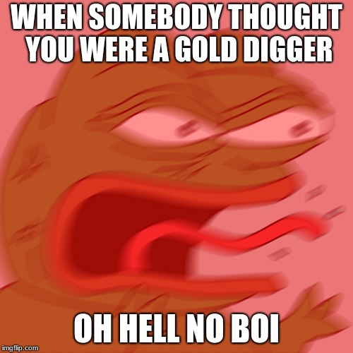 Rage Pepe |  WHEN SOMEBODY THOUGHT YOU WERE A GOLD DIGGER; OH HELL NO BOI | image tagged in rage pepe | made w/ Imgflip meme maker
