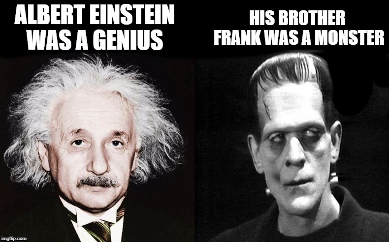 Ya never know | HIS BROTHER FRANK WAS A MONSTER; ALBERT EINSTEIN WAS A GENIUS | image tagged in albert einstein,frank einstein | made w/ Imgflip meme maker