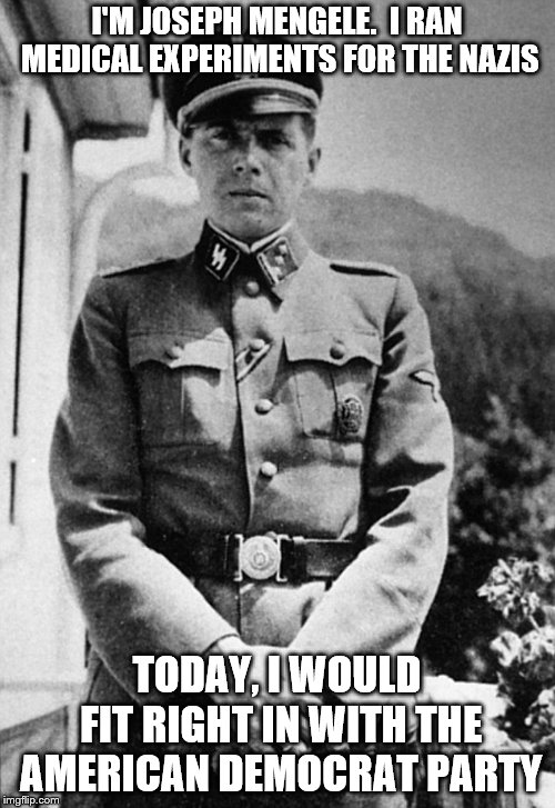 Joseph Mengele | I'M JOSEPH MENGELE.  I RAN MEDICAL EXPERIMENTS FOR THE NAZIS; TODAY, I WOULD FIT RIGHT IN WITH THE AMERICAN DEMOCRAT PARTY | image tagged in joseph mengele | made w/ Imgflip meme maker