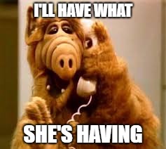 alf | I'LL HAVE WHAT SHE'S HAVING | image tagged in alf | made w/ Imgflip meme maker