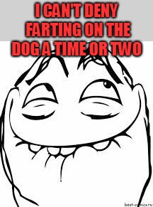 giggle troll | I CAN'T DENY FARTING ON THE DOG A TIME OR TWO | image tagged in giggle troll | made w/ Imgflip meme maker