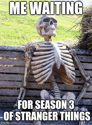 Waiting Skeleton Meme | ME WAITING; FOR SEASON 3 OF STRANGER THINGS | image tagged in memes,waiting skeleton | made w/ Imgflip meme maker