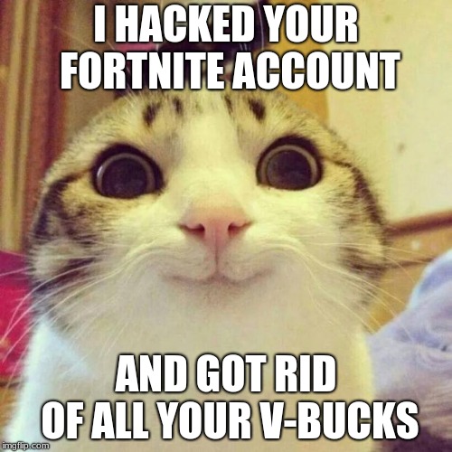 Smiling Cat Meme | I HACKED YOUR FORTNITE ACCOUNT; AND GOT RID OF ALL YOUR V-BUCKS | image tagged in memes,smiling cat | made w/ Imgflip meme maker