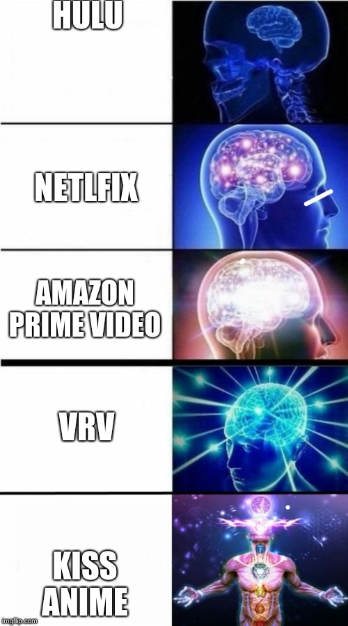 different anime streamings services which one the best  | HULU; NETLFIX; AMAZON PRIME VIDEO; VRV; KISS ANIME | image tagged in expanding brain meme,anime | made w/ Imgflip meme maker