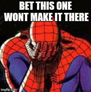 Sad Spiderman Meme | BET THIS ONE WONT MAKE IT THERE | image tagged in memes,sad spiderman,spiderman | made w/ Imgflip meme maker