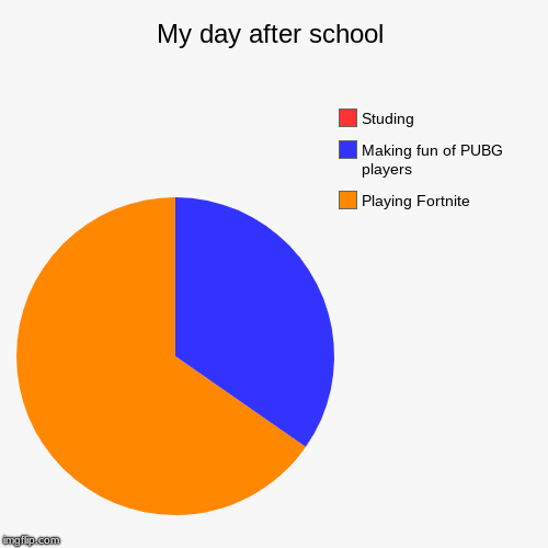 My day after school | Playing Fortnite, Making fun of PUBG players, Studing | image tagged in funny,pie charts | made w/ Imgflip chart maker