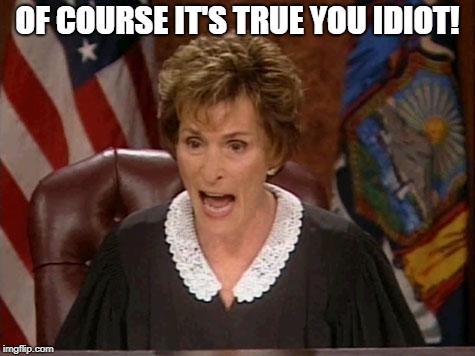 Judge Judy | OF COURSE IT'S TRUE YOU IDIOT! | image tagged in judge judy | made w/ Imgflip meme maker