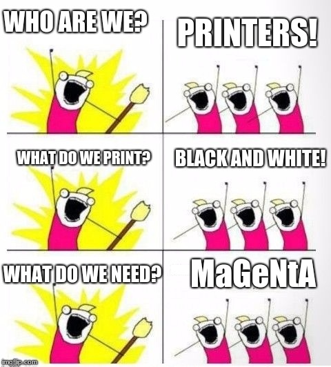 Who are we | PRINTERS! WHO ARE WE? WHAT DO WE PRINT? BLACK AND WHITE! MaGeNtA; WHAT DO WE NEED? | image tagged in who are we | made w/ Imgflip meme maker