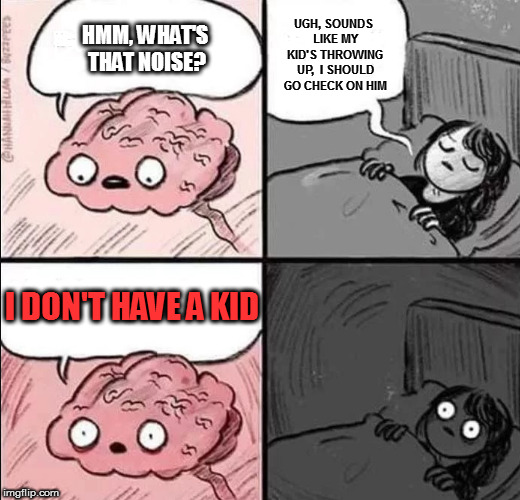 Meh, who needs to sleep ever again anyways | UGH, SOUNDS LIKE MY KID'S THROWING UP,  I SHOULD GO CHECK ON HIM; HMM, WHAT'S THAT NOISE? I DON'T HAVE A KID | image tagged in waking up brain,memes,bad things to hear at 3am | made w/ Imgflip meme maker