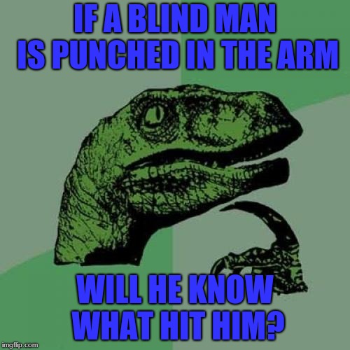 Philosoraptor | IF A BLIND MAN IS PUNCHED IN THE ARM; WILL HE KNOW WHAT HIT HIM? | image tagged in memes,philosoraptor | made w/ Imgflip meme maker