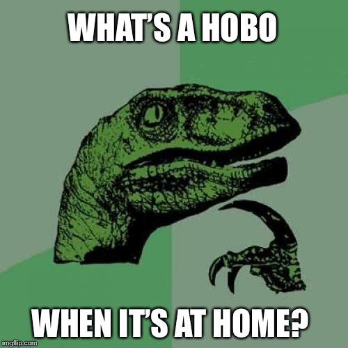 Philosoraptor | WHAT’S A HOBO; WHEN IT’S AT HOME? | image tagged in memes,philosoraptor,question,hobo,home,funny | made w/ Imgflip meme maker