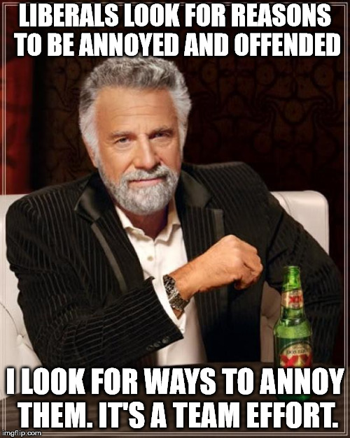 It isn't difficult work, but I find it rewarding. | LIBERALS LOOK FOR REASONS TO BE ANNOYED AND OFFENDED; I LOOK FOR WAYS TO ANNOY THEM. IT'S A TEAM EFFORT. | image tagged in memes,the most interesting man in the world | made w/ Imgflip meme maker