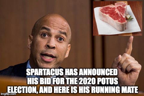 Cory Booker is a joke | SPARTACUS HAS ANNOUNCED HIS BID FOR THE 2020 POTUS ELECTION, AND HERE IS HIS RUNNING MATE | image tagged in cory booker spartacus,2020 election,booker is a joke | made w/ Imgflip meme maker