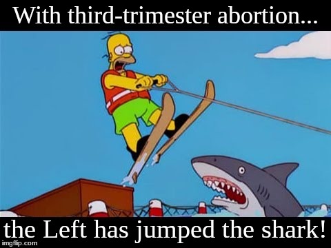 Homer jumps the shark | With third-trimester abortion... the Left has jumped the shark! | image tagged in homer jumps the shark | made w/ Imgflip meme maker