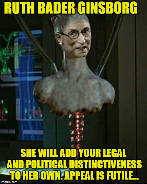 Ruth Bader Ginsborg | RUTH BADER GINSBORG; SHE WILL ADD YOUR LEGAL AND POLITICAL DISTINCTIVENESS TO HER OWN. APPEAL IS FUTILE... | image tagged in ruth bader ginsburg | made w/ Imgflip meme maker