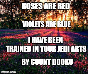 roses are red | ROSES ARE RED; VIOLETS ARE BLUE; I HAVE BEEN TRAINED IN YOUR JEDI ARTS; BY COUNT DOOKU | image tagged in roses are red,star wars,general grievous | made w/ Imgflip meme maker