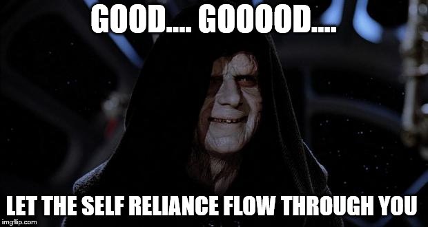 Let the hate flow through you | GOOD.... GOOOOD…. LET THE SELF RELIANCE FLOW THROUGH YOU | image tagged in let the hate flow through you | made w/ Imgflip meme maker