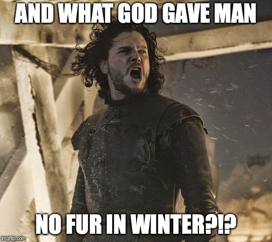 john snow | AND WHAT GOD GAVE MAN; NO FUR IN WINTER?!? | image tagged in john snow | made w/ Imgflip meme maker